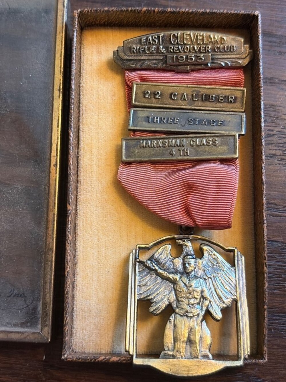 East Cleveland Rifle & Revolver Club 1953 Medal Red Marksman Class 4th Engraving